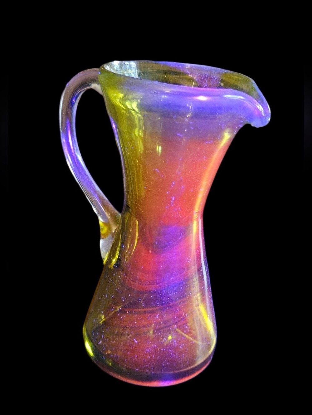 Vintage Mid-Century Cadmium Amberina Art Glass Mini Pitcher – UV Glow